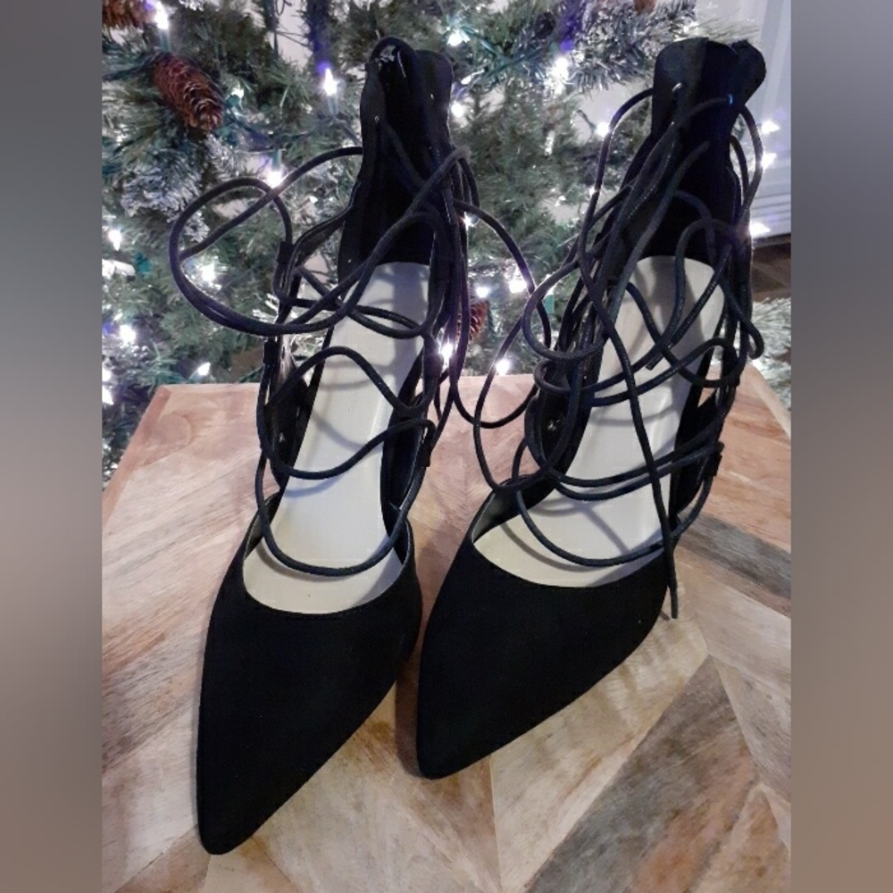 Black lace up high heels